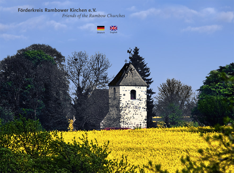 Evangelisch-lutherische Dorfkirche in Rambow von Nordwesten über blühende Rapsfelder